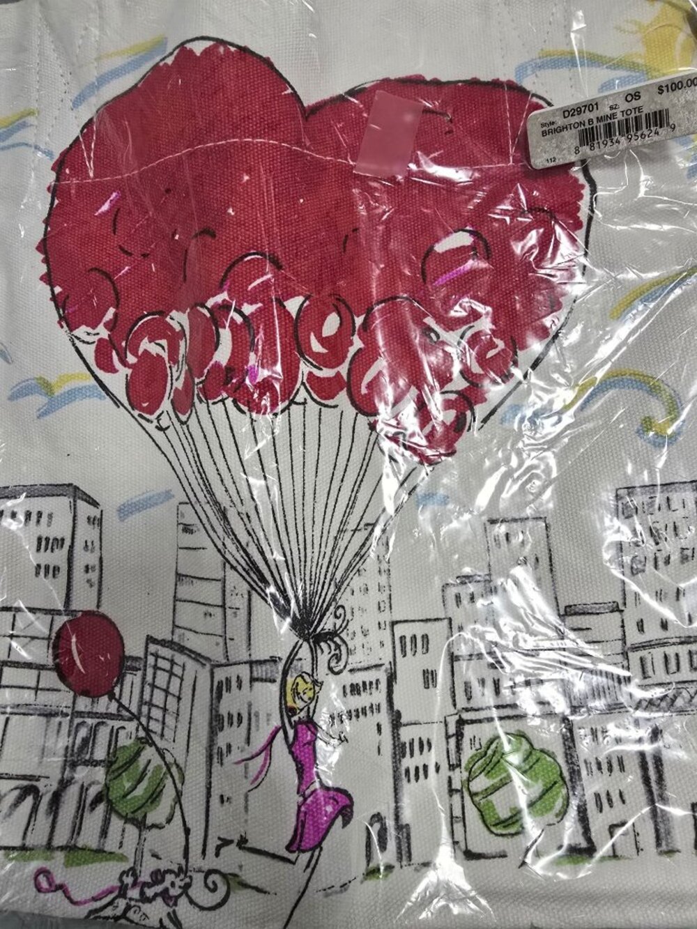 NWT Brighton B Mine Tote Bag With Heart Balloon Design Hand-Printed Canvas READ - Picture 2 of 6